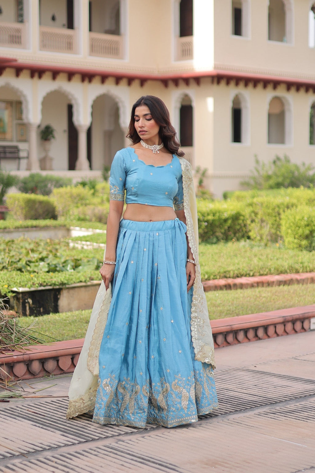 Lorenvalley Fashion Skyblue Gold Crush with Sequins & Zari Embroidered Work Lehenga Choli with Dupatta | Grocsy