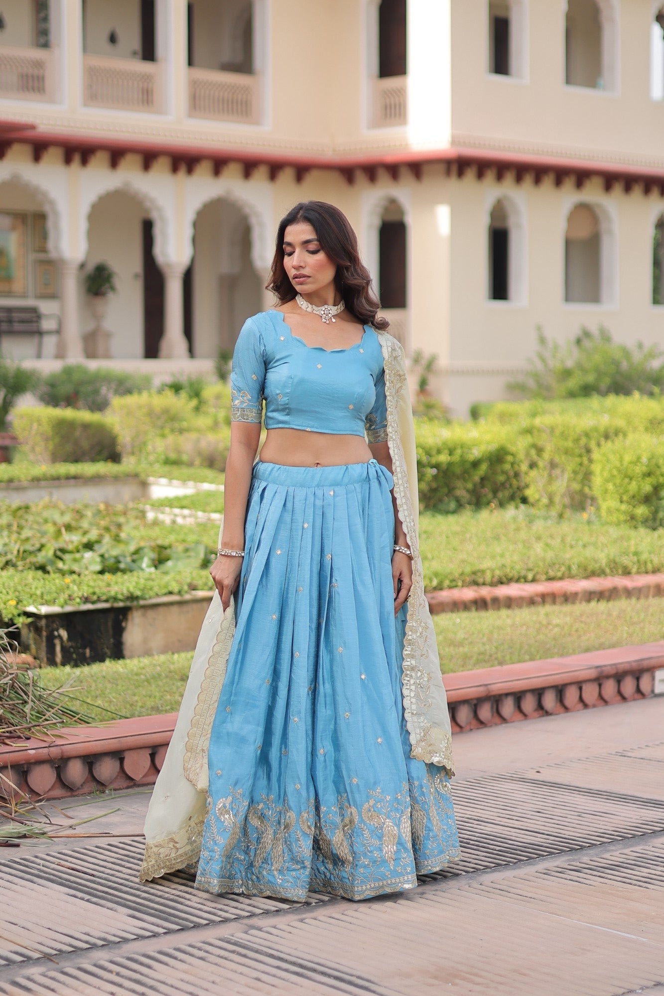 Lorenvalley Fashion Skyblue Gold Crush with Sequins & Zari Embroidered Work Lehenga Choli with Dupatta | Grocsy
