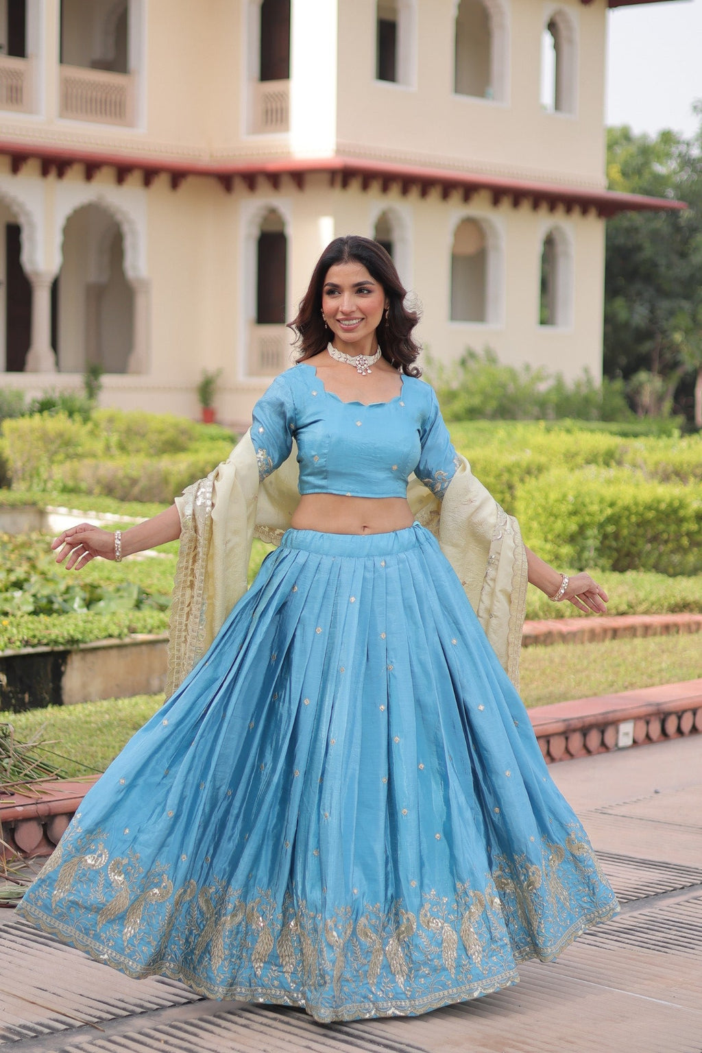 Lorenvalley Fashion Skyblue Gold Crush with Sequins & Zari Embroidered Work Lehenga Choli with Dupatta | Grocsy