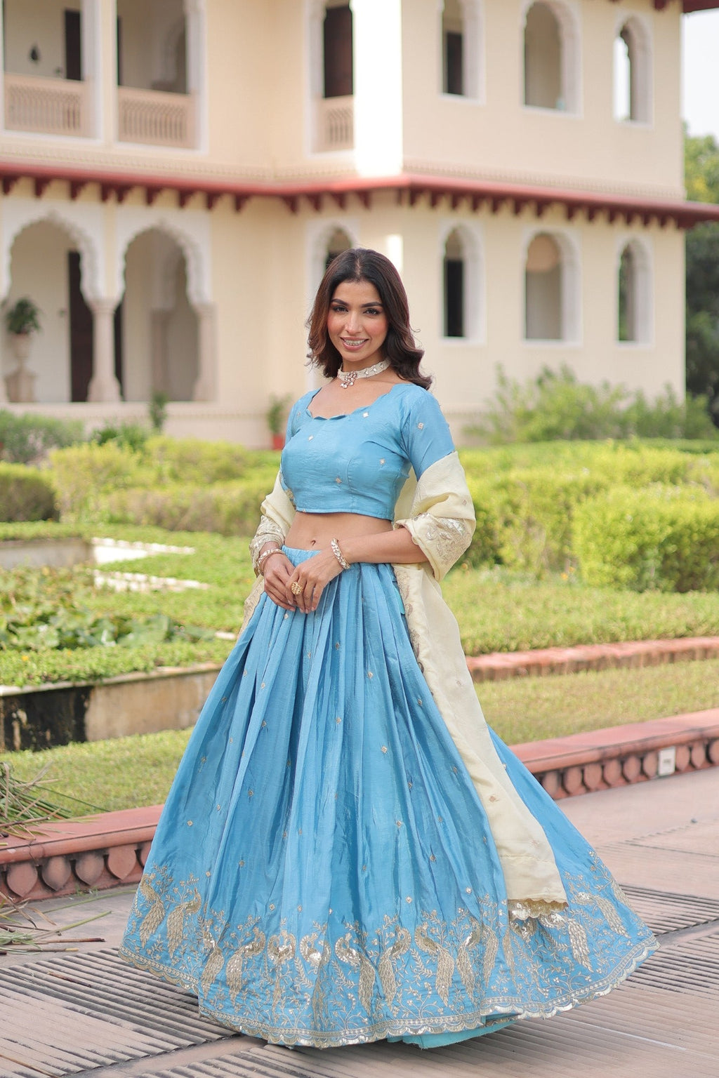 Lorenvalley Fashion Skyblue Gold Crush with Sequins & Zari Embroidered Work Lehenga Choli with Dupatta | Grocsy