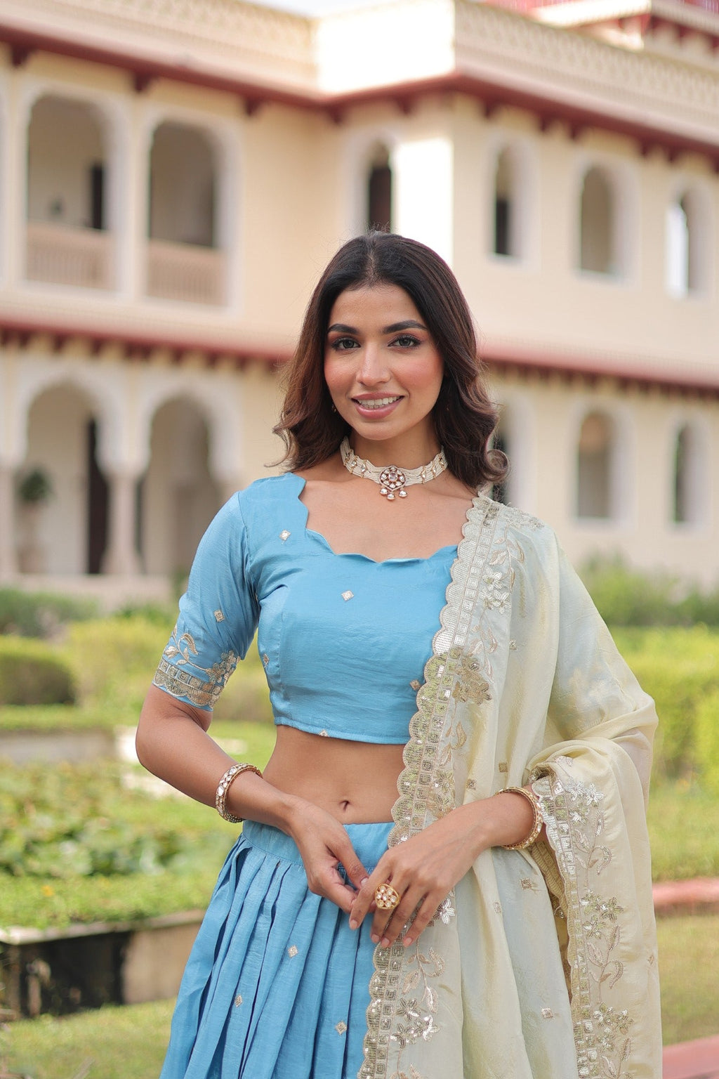Lorenvalley Fashion Skyblue Gold Crush with Sequins & Zari Embroidered Work Lehenga Choli with Dupatta | Grocsy