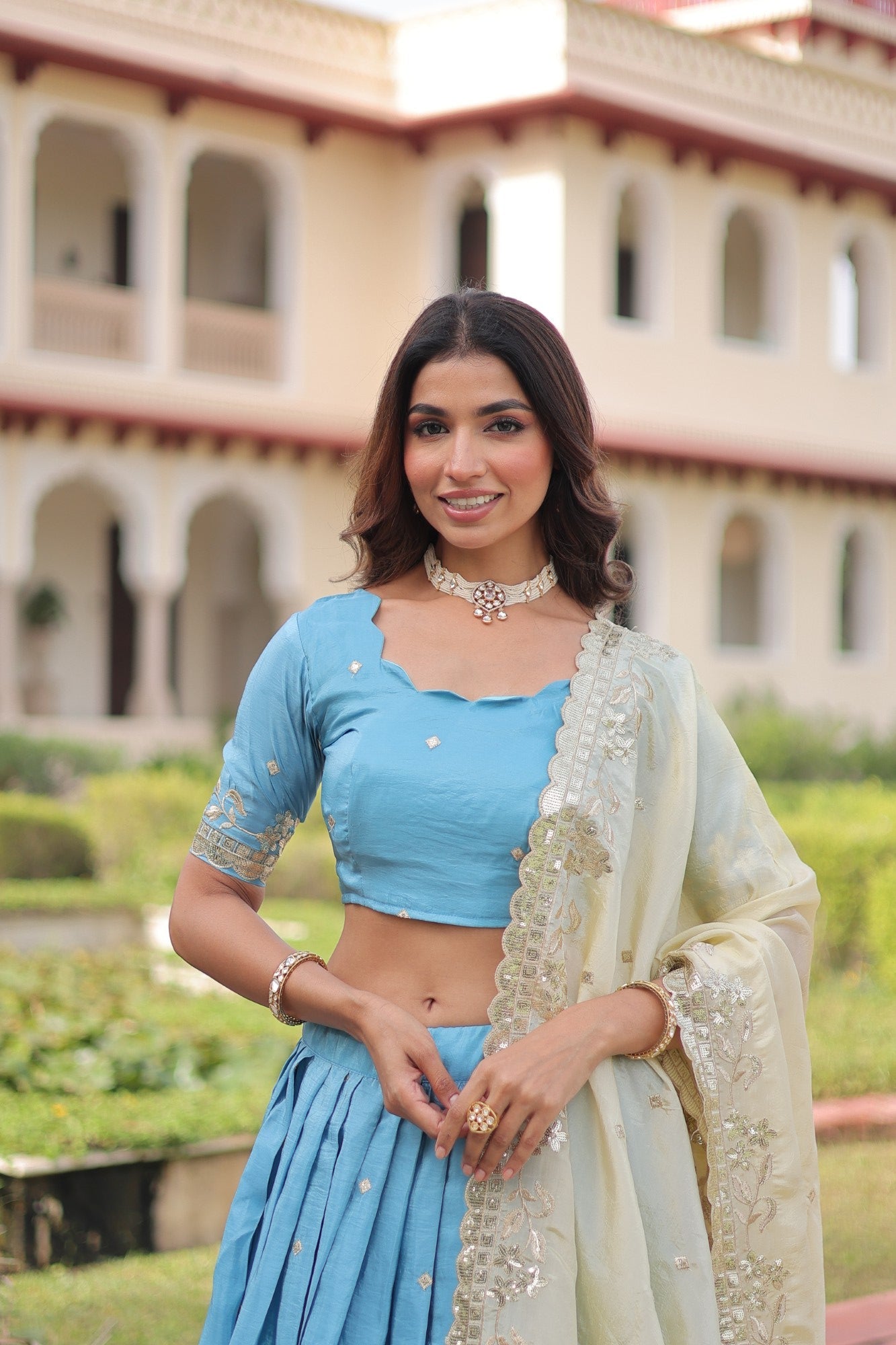 Lorenvalley Fashion Skyblue Gold Crush with Sequins & Zari Embroidered Work Lehenga Choli with Dupatta | Grocsy