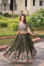 Lorenvalley Fashion Green Gold Crush With Sequins Zari And Coding Embroidered Work Lehenga Choli With Dupatta | Grocsy