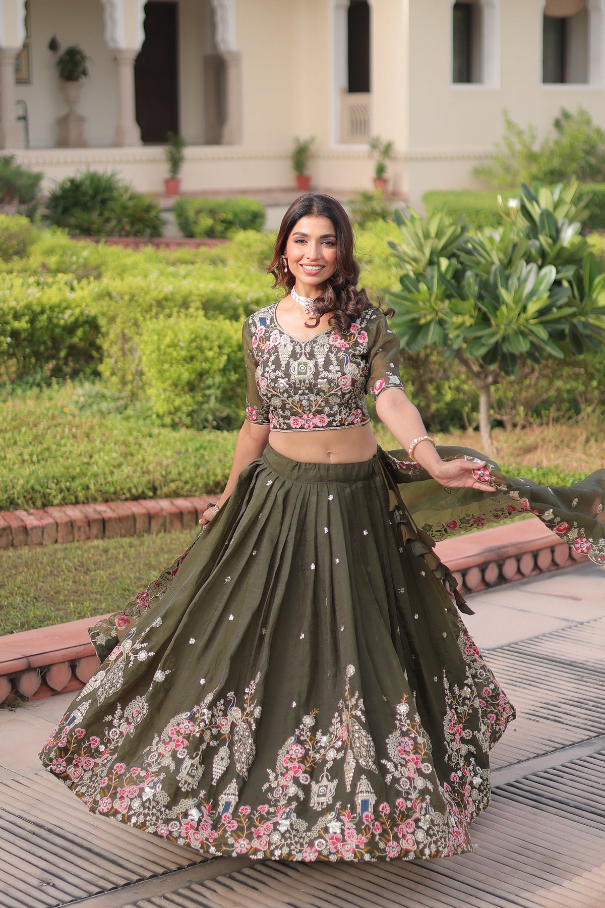 Lorenvalley Fashion Green Gold Crush With Sequins Zari And Coding Embroidered Work Lehenga Choli With Dupatta | Grocsy