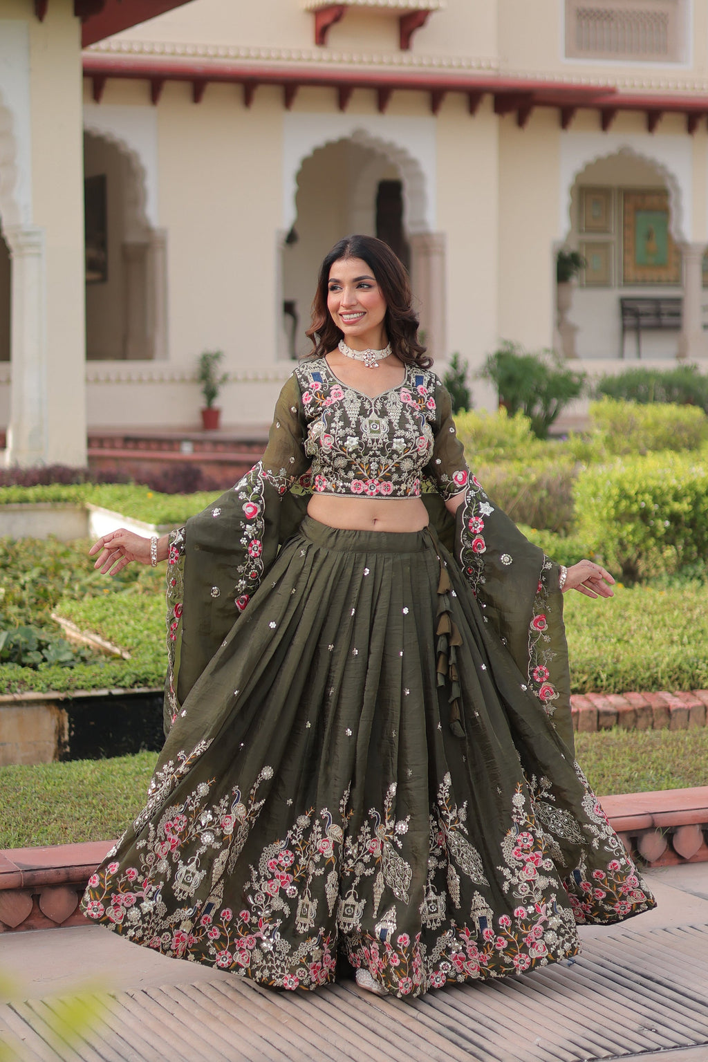 Lorenvalley Fashion Green Gold Crush With Sequins Zari And Coding Embroidered Work Lehenga Choli With Dupatta | Grocsy