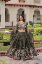 Lorenvalley Fashion Green Gold Crush With Sequins Zari And Coding Embroidered Work Lehenga Choli With Dupatta | Grocsy
