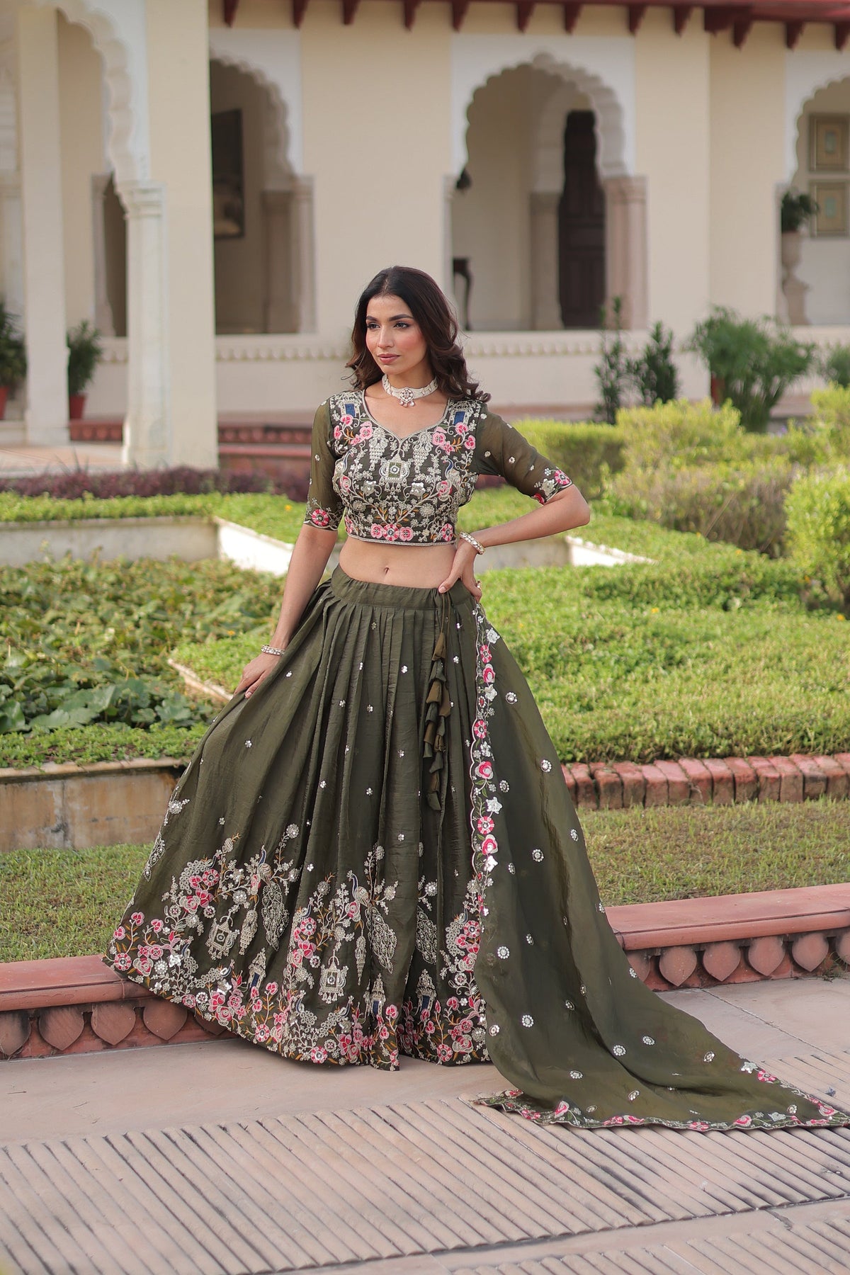 Lorenvalley Fashion Green Gold Crush With Sequins Zari And Coding Embroidered Work Lehenga Choli With Dupatta | Grocsy
