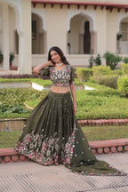 Lorenvalley Fashion Green Gold Crush With Sequins Zari And Coding Embroidered Work Lehenga Choli With Dupatta | Grocsy