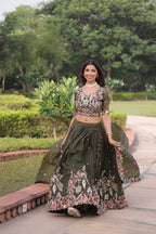 Lorenvalley Fashion Green Gold Crush With Sequins Zari And Coding Embroidered Work Lehenga Choli With Dupatta | Grocsy