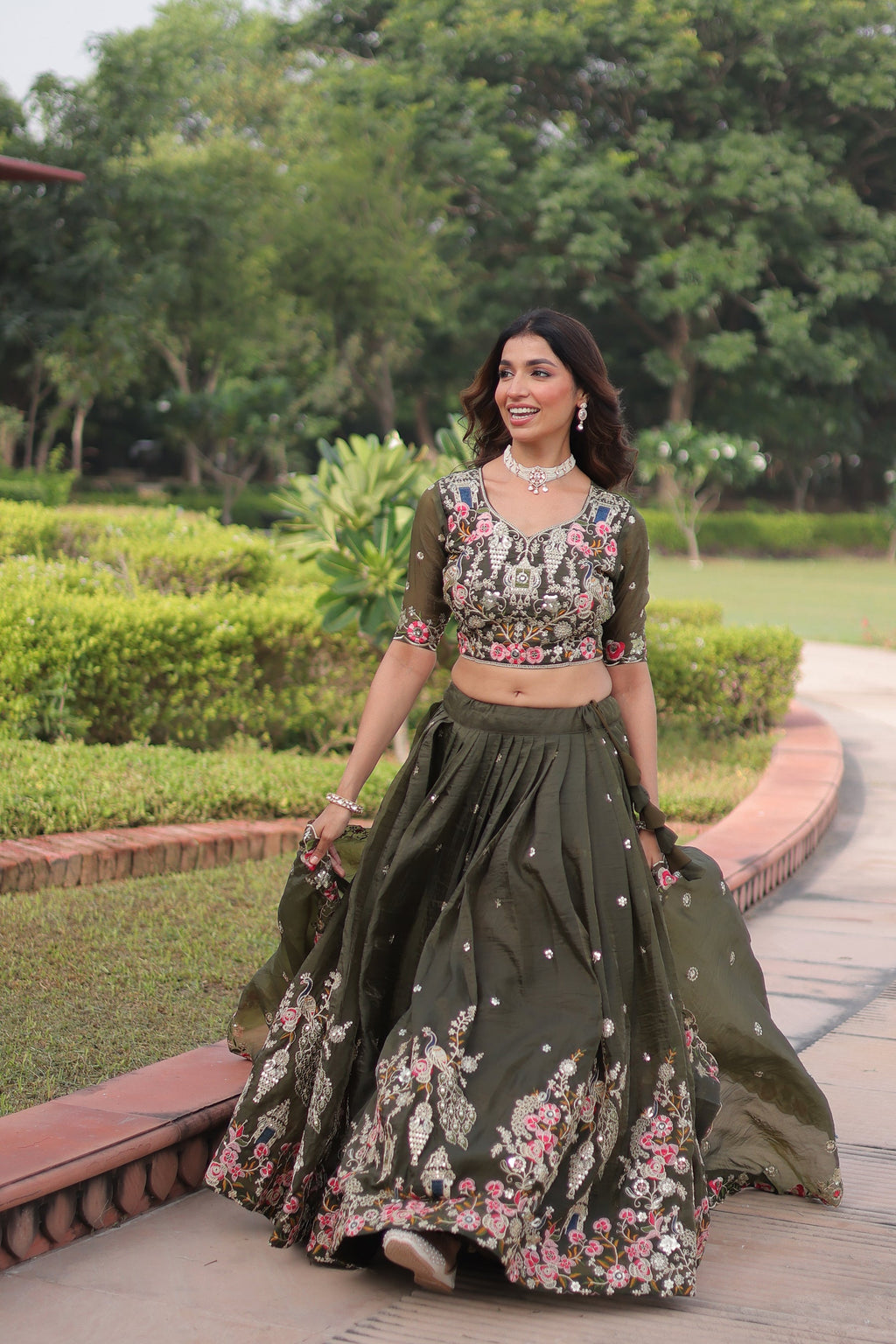 Lorenvalley Fashion Green Gold Crush With Sequins Zari And Coding Embroidered Work Lehenga Choli With Dupatta | Grocsy