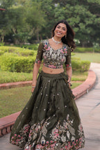 Lorenvalley Fashion Green Gold Crush With Sequins Zari And Coding Embroidered Work Lehenga Choli With Dupatta | Grocsy