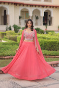 Lorenvalley Fashion Peach Faux Georgette Plain Lehenga Choli with Shrug | Grocsy