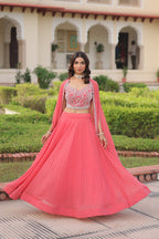 Lorenvalley Fashion Peach Faux Georgette Plain Lehenga Choli with Shrug | Grocsy