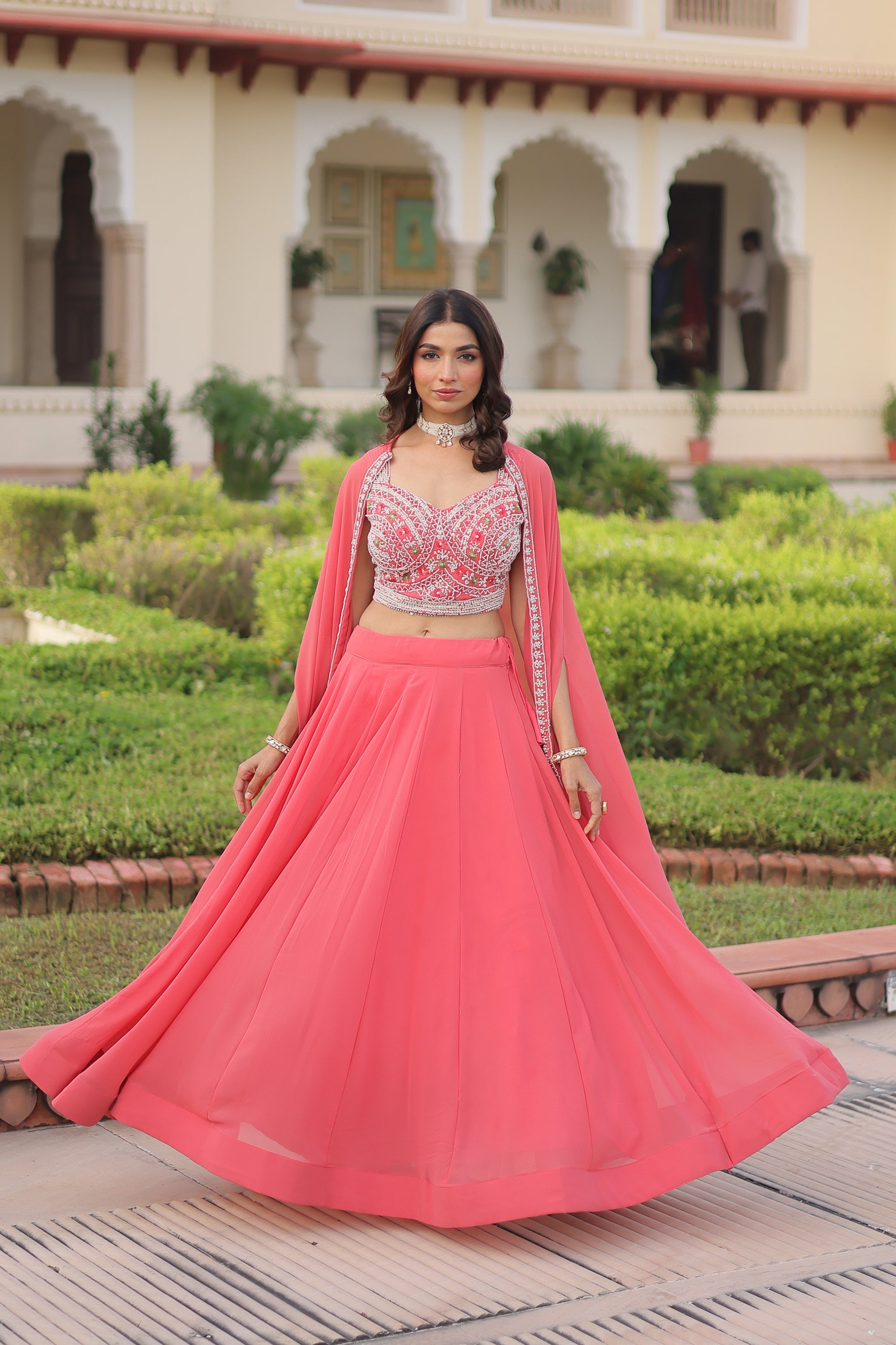 Lorenvalley Fashion Peach Faux Georgette Plain Lehenga Choli with Shrug | Grocsy