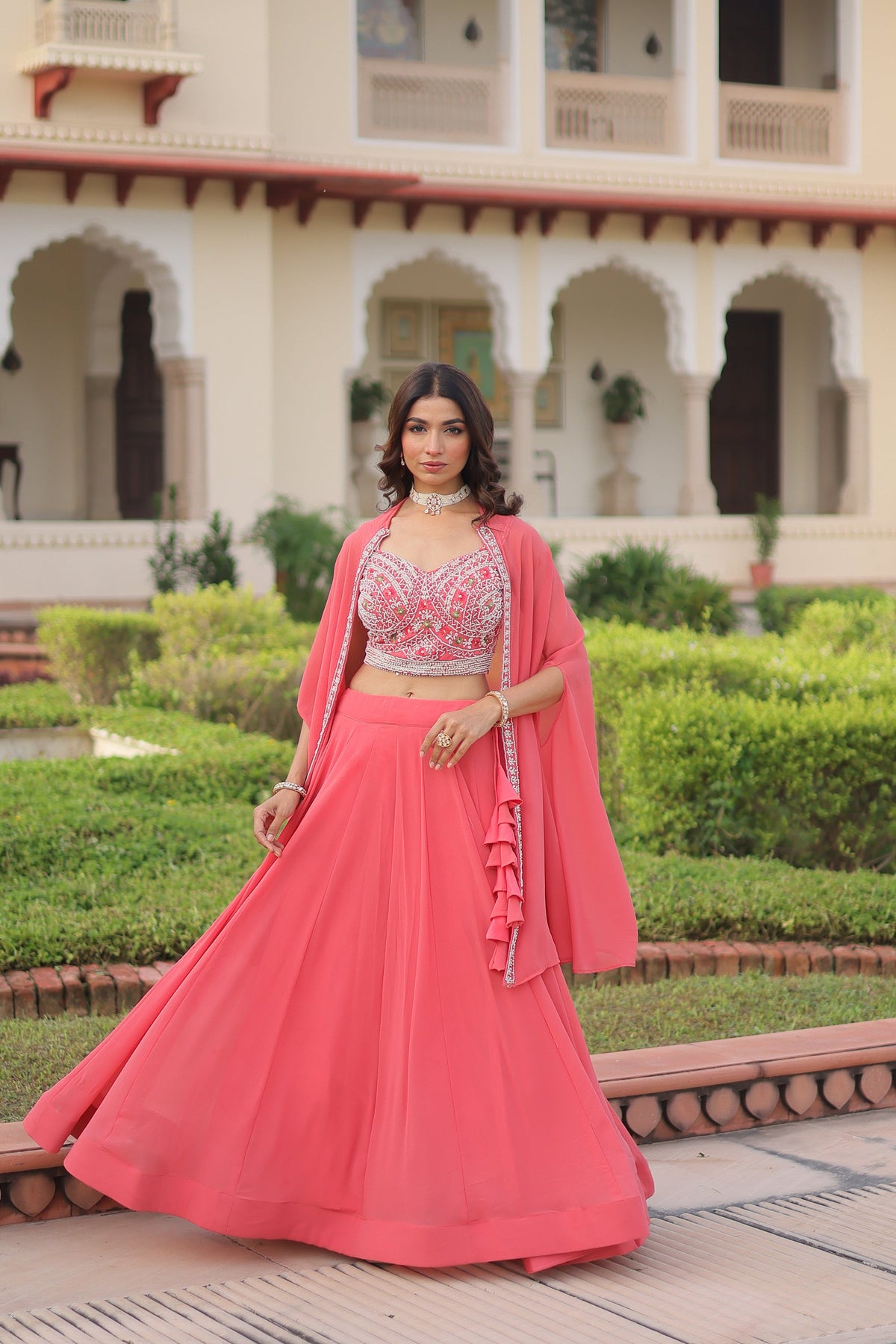 Lorenvalley Fashion Peach Faux Georgette Plain Lehenga Choli with Shrug | Grocsy