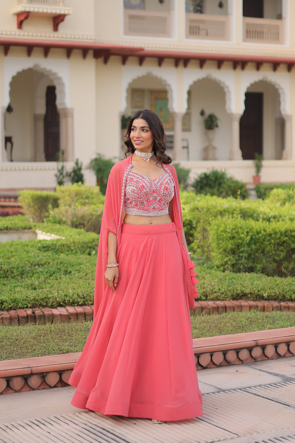 Lorenvalley Fashion Peach Faux Georgette Plain Lehenga Choli with Shrug | Grocsy