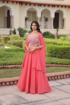 Lorenvalley Fashion Peach Faux Georgette Plain Lehenga Choli with Shrug | Grocsy