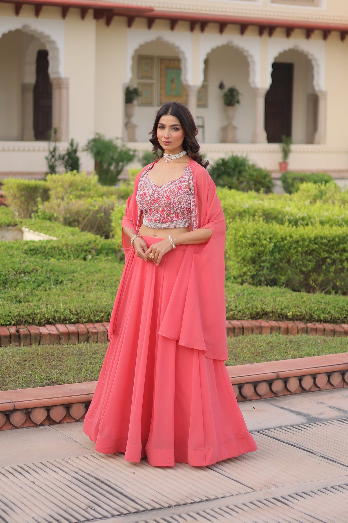 Lorenvalley Fashion Peach Faux Georgette Plain Lehenga Choli with Shrug | Grocsy