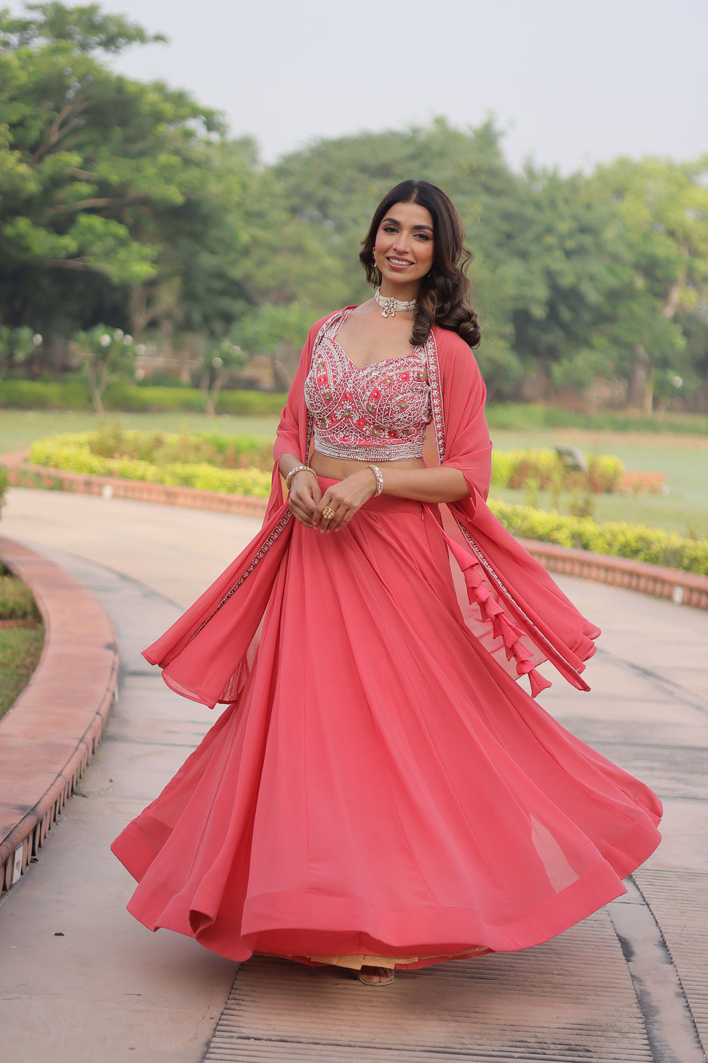 Lorenvalley Fashion Peach Faux Georgette Plain Lehenga Choli with Shrug | Grocsy