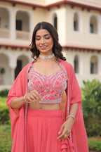 Lorenvalley Fashion Peach Faux Georgette Plain Lehenga Choli with Shrug | Grocsy