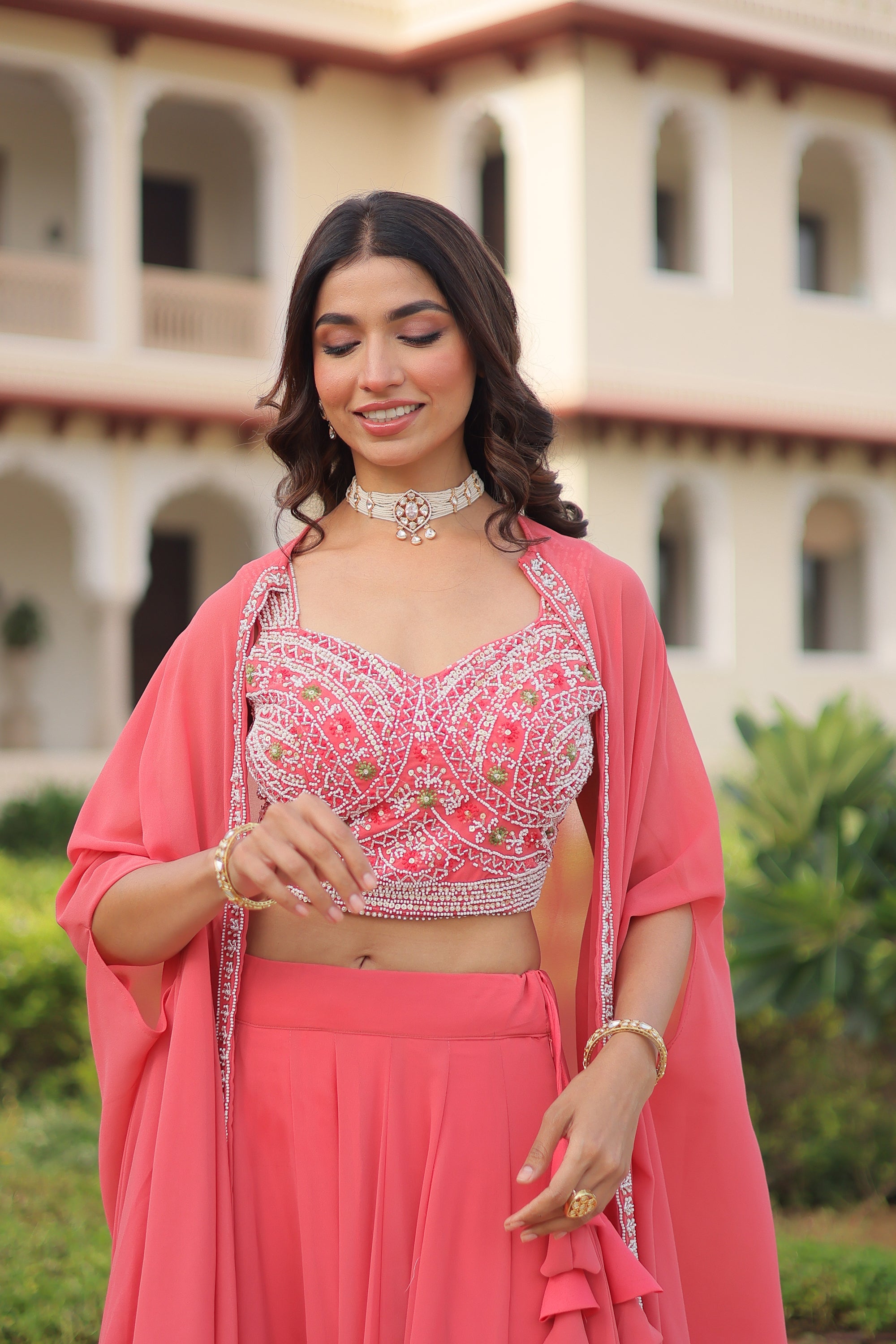 Lorenvalley Fashion Peach Faux Georgette Plain Lehenga Choli with Shrug | Grocsy