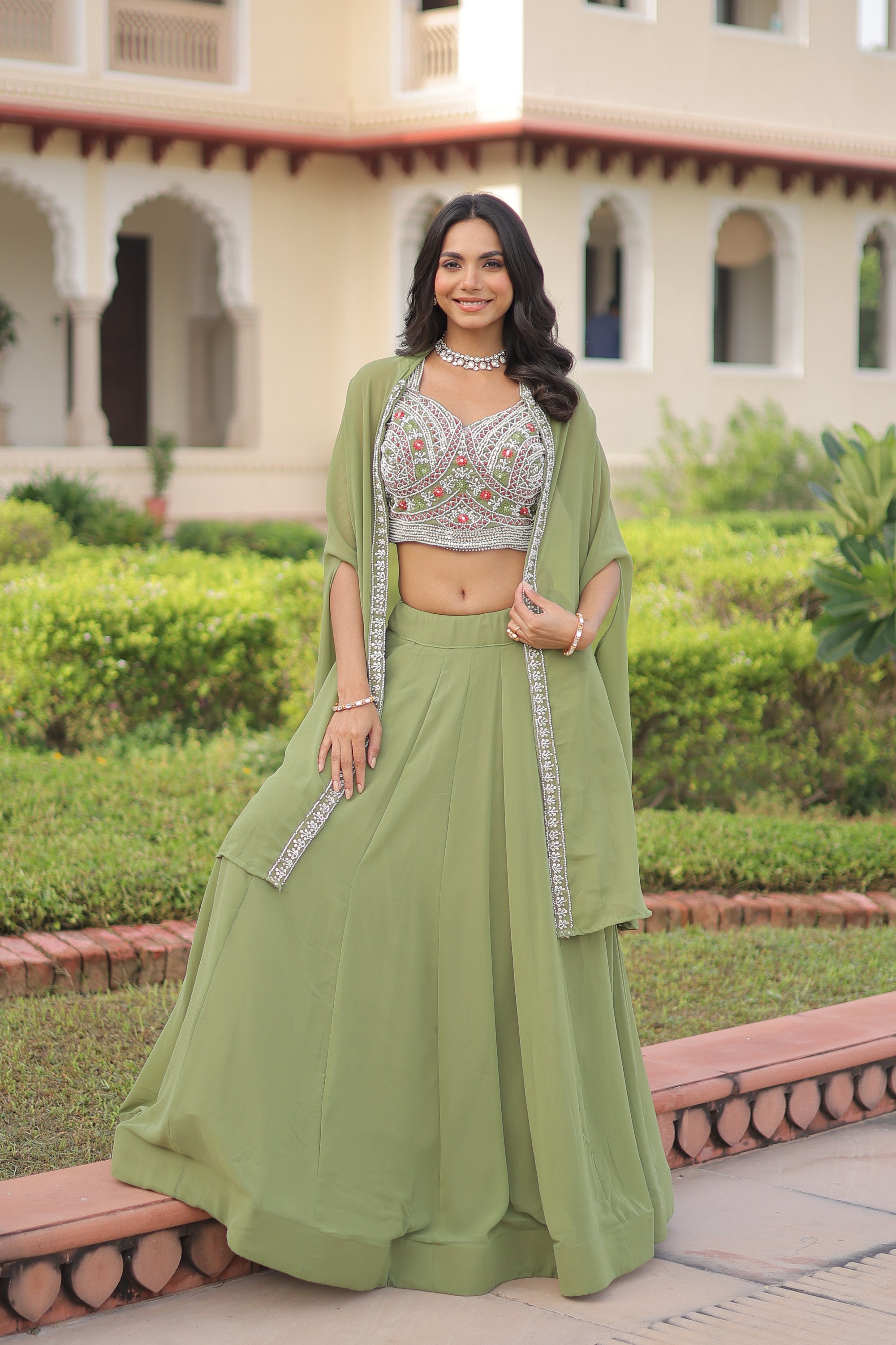 Lorenvalley Fashion Pista Faux Georgette Plain Lehenga Choli with Shrug | Grocsy