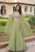 Lorenvalley Fashion Pista Faux Georgette Plain Lehenga Choli with Shrug | Grocsy