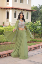 Lorenvalley Fashion Pista Faux Georgette Plain Lehenga Choli with Shrug | Grocsy