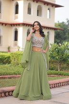 Lorenvalley Fashion Pista Faux Georgette Plain Lehenga Choli with Shrug | Grocsy