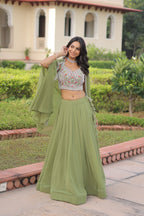 Lorenvalley Fashion Pista Faux Georgette Plain Lehenga Choli with Shrug | Grocsy