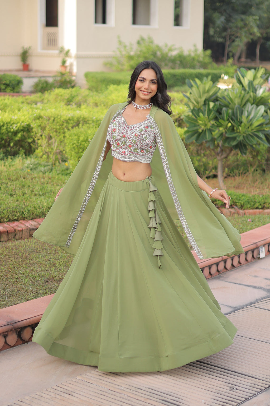 Lorenvalley Fashion Pista Faux Georgette Plain Lehenga Choli with Shrug | Grocsy