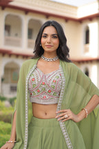 Lorenvalley Fashion Pista Faux Georgette Plain Lehenga Choli with Shrug | Grocsy