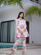 Yufta Peach Floral Print Top And Trouser Co Ord Set | Grocsy