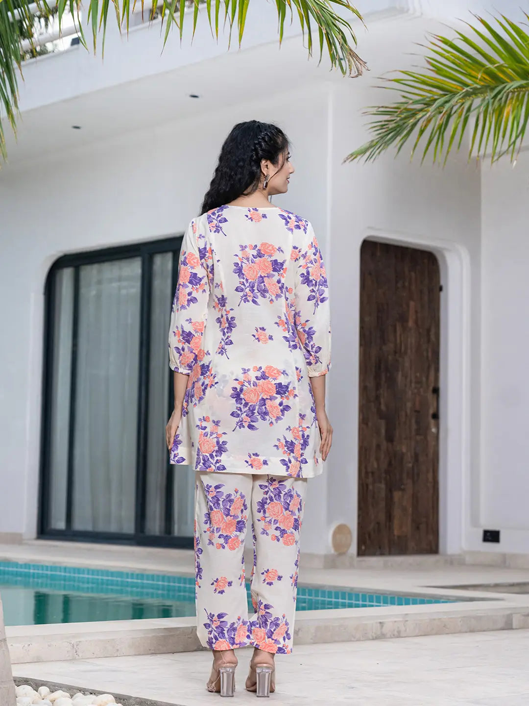 Yufta Peach Floral Print Top And Trouser Co Ord Set | Grocsy