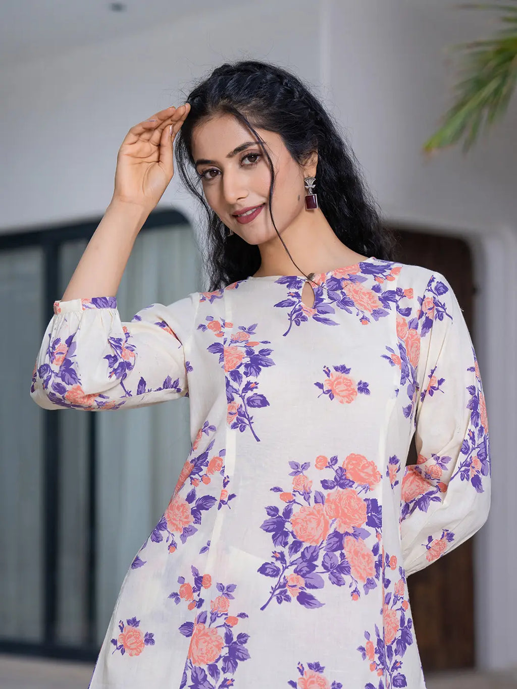 Yufta Peach Floral Print Top And Trouser Co Ord Set | Grocsy