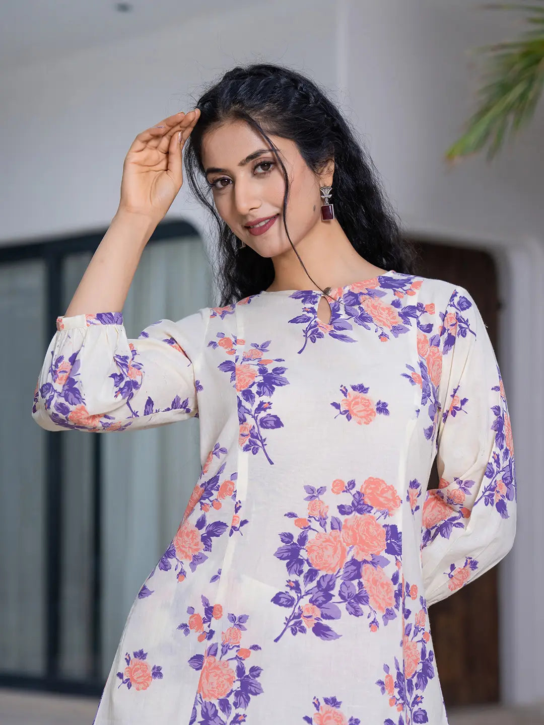 Yufta Peach Floral Print Top And Trouser Co Ord Set | Grocsy