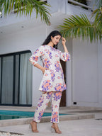 Yufta Peach Floral Print Top And Trouser Co Ord Set | Grocsy