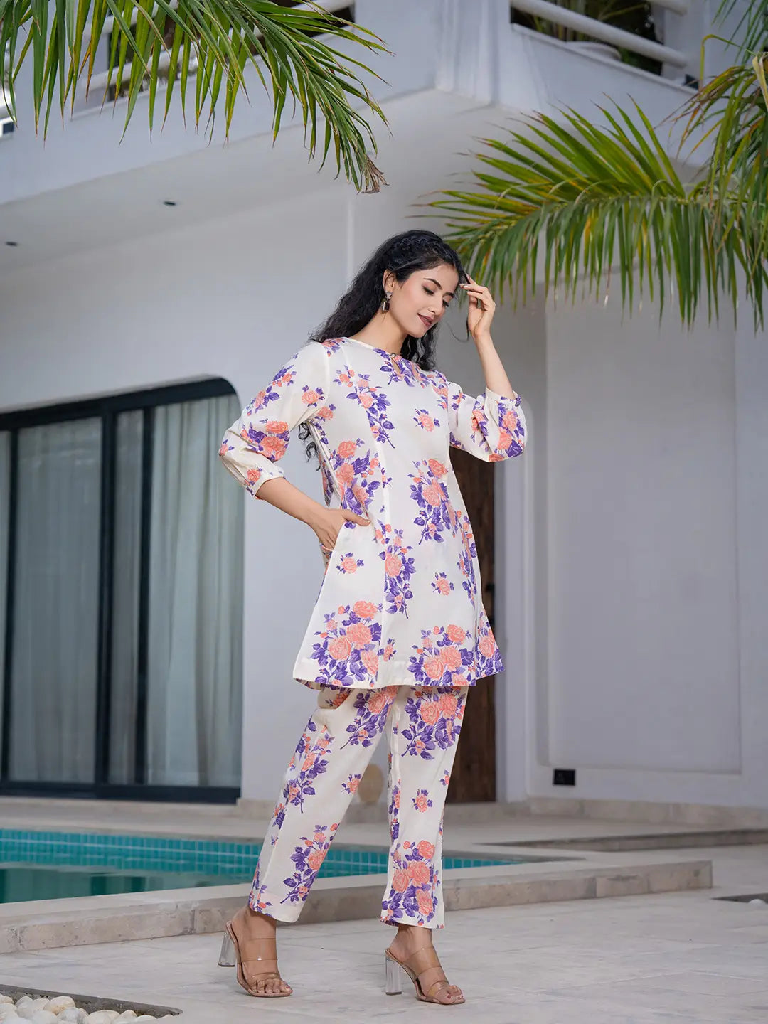 Yufta Peach Floral Print Top And Trouser Co Ord Set | Grocsy