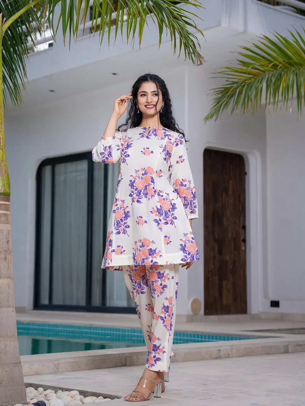 Yufta Peach Floral Print Top And Trouser Co Ord Set | Grocsy