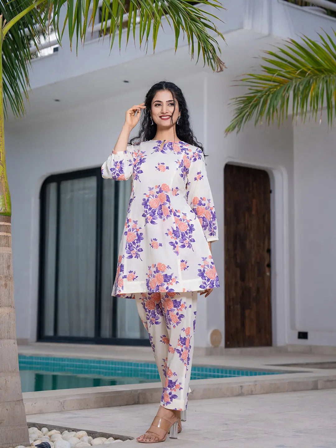 Yufta Peach Floral Print Top And Trouser Co Ord Set | Grocsy