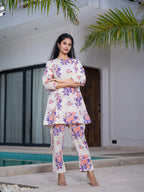 Yufta Peach Floral Print Top And Trouser Co Ord Set | Grocsy