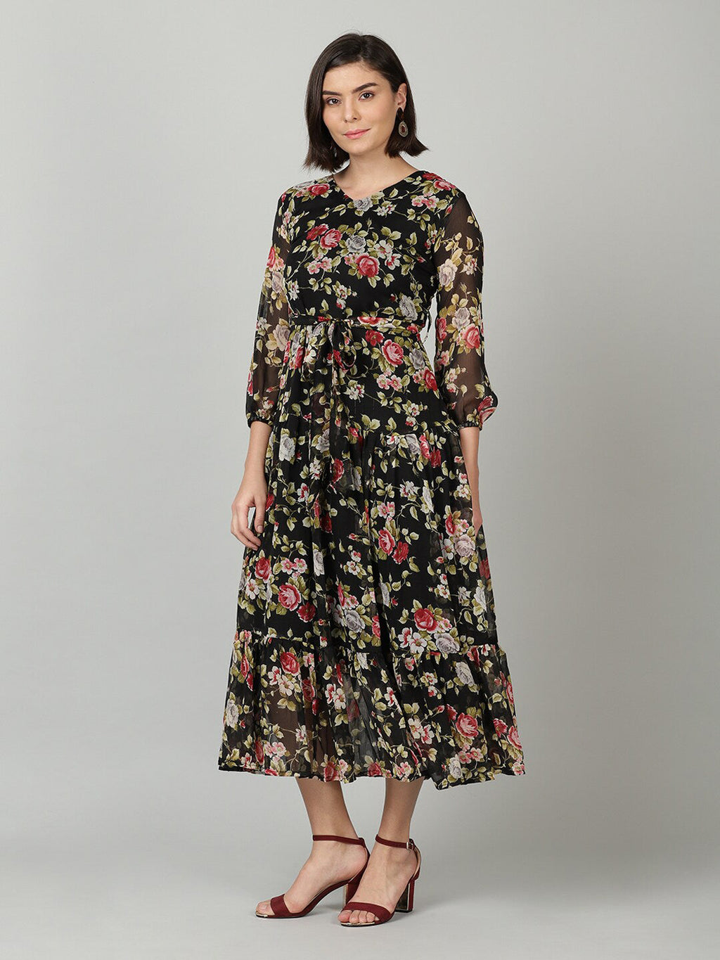 Souchii Black & Pink Floral Chiffon Midi Dress | Grocsy