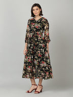 Souchii Black & Pink Floral Chiffon Midi Dress | Grocsy