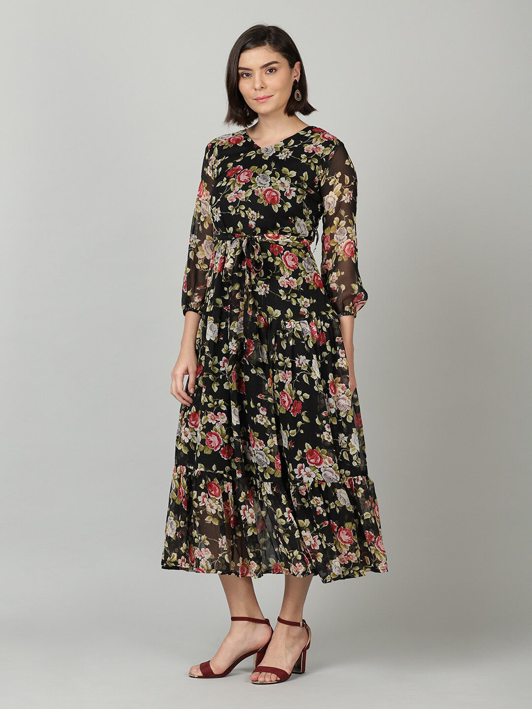 Souchii Black & Pink Floral Chiffon Midi Dress | Grocsy