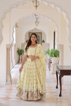 Lorenvalley Fashion Cream Vichitra Silk With Sequins & Zari & Thread Multi Embroidered work Lehenga Choli with Dupatta | Grocsy