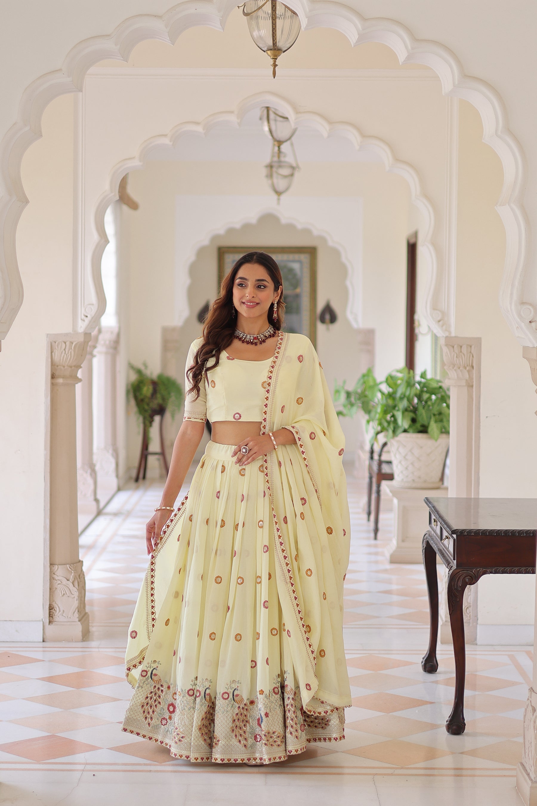 Lorenvalley Fashion Cream Vichitra Silk With Sequins & Zari & Thread Multi Embroidered work Lehenga Choli with Dupatta | Grocsy