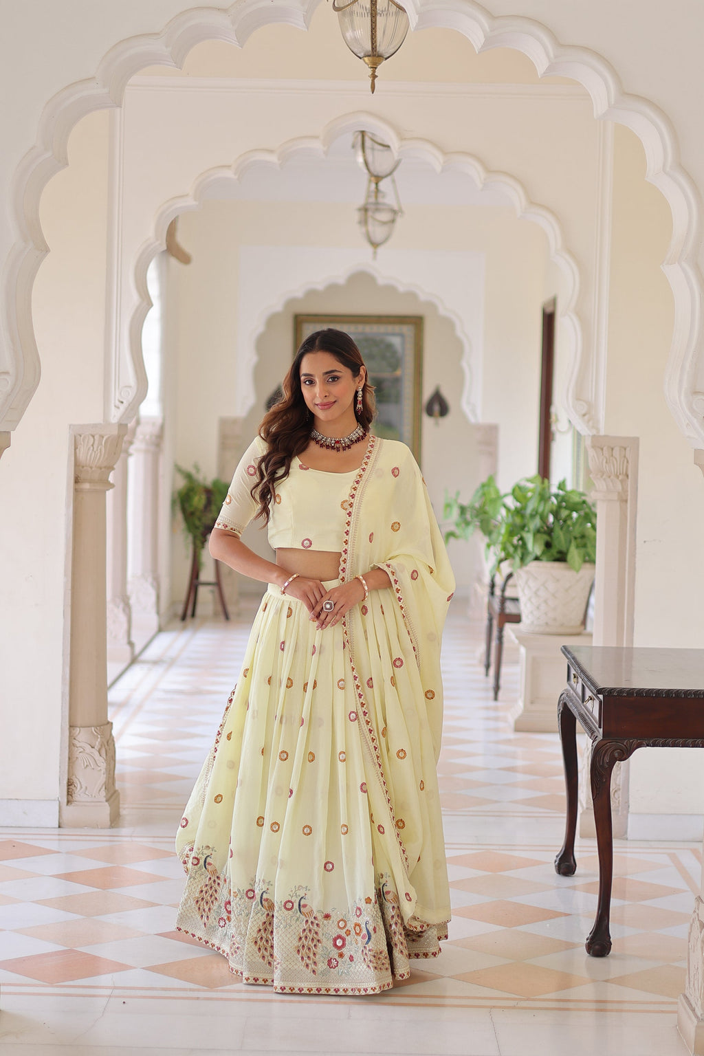 Lorenvalley Fashion Cream Vichitra Silk With Sequins & Zari & Thread Multi Embroidered work Lehenga Choli with Dupatta | Grocsy