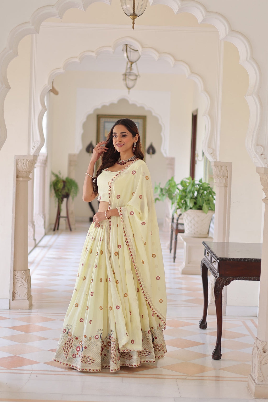 Lorenvalley Fashion Cream Vichitra Silk With Sequins & Zari & Thread Multi Embroidered work Lehenga Choli with Dupatta | Grocsy