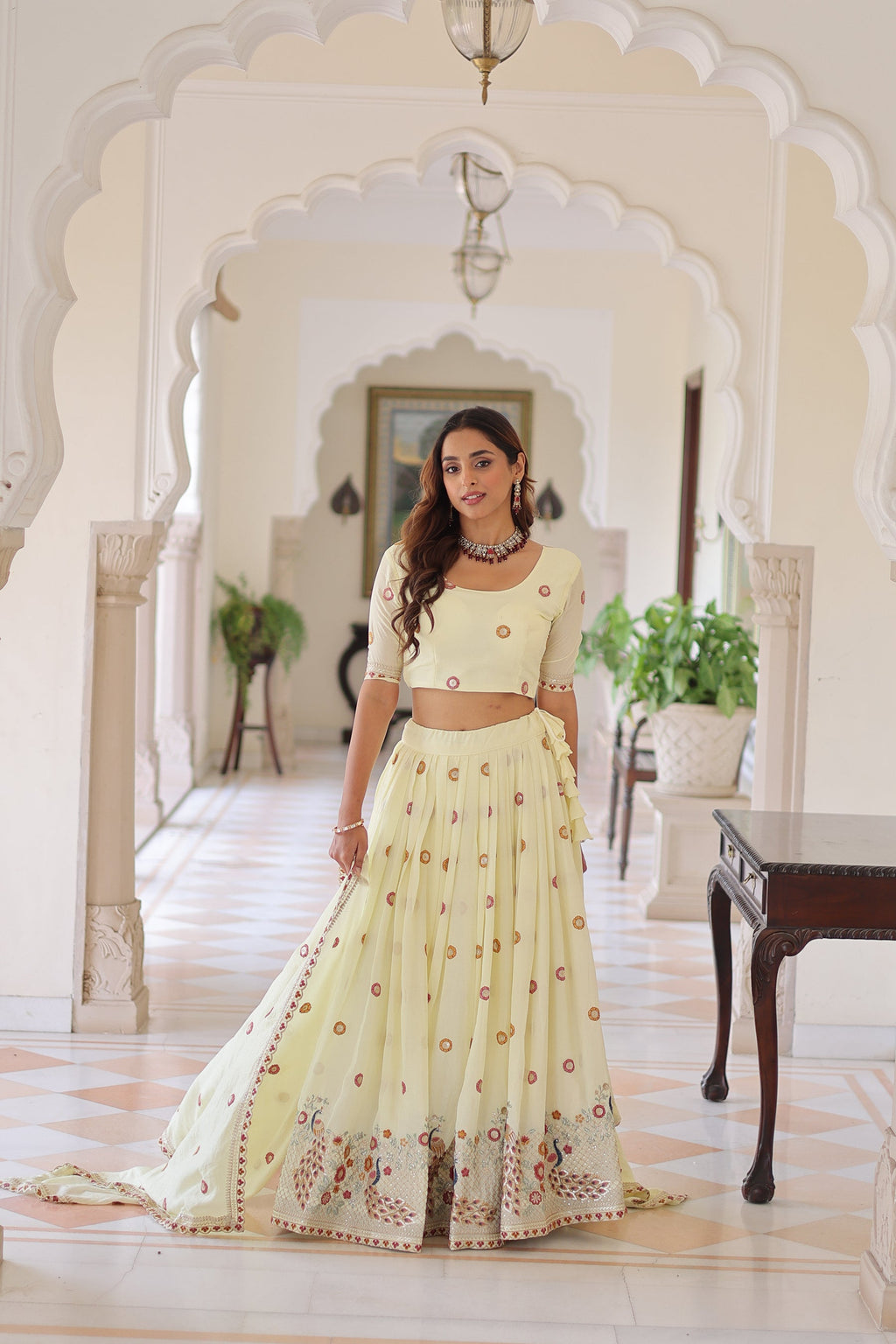 Lorenvalley Fashion Cream Vichitra Silk With Sequins & Zari & Thread Multi Embroidered work Lehenga Choli with Dupatta | Grocsy