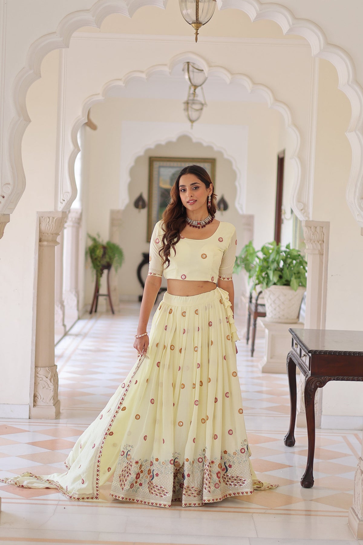 Lorenvalley Fashion Cream Vichitra Silk With Sequins & Zari & Thread Multi Embroidered work Lehenga Choli with Dupatta | Grocsy